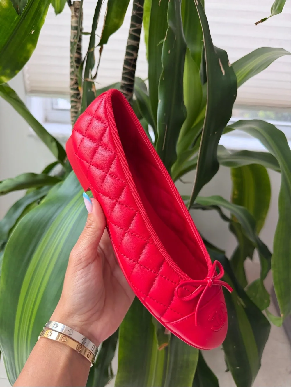 Chanel 26B Blazy Leather Quilted Red Agneau Rouge CC Logo Ballet Flats 38.5